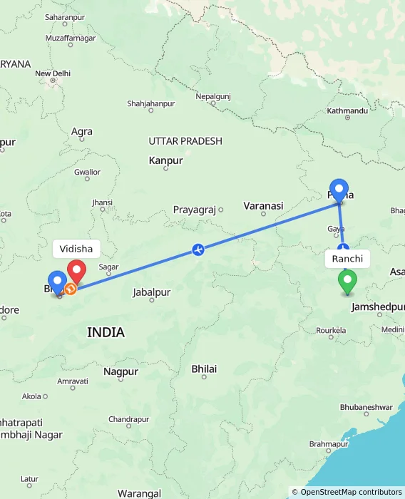 Route map showing distance and travel time from Ranchi, India to Vidisha, India