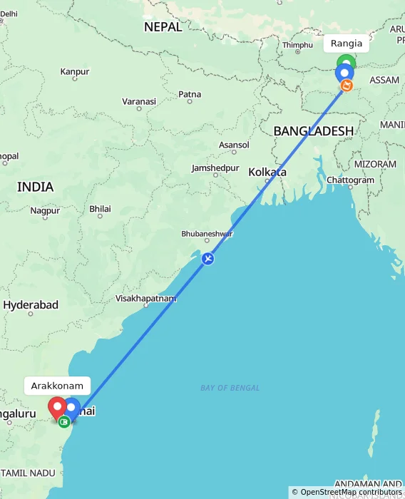 Route map showing distance and travel time from Rangia, India to Arakkonam, India