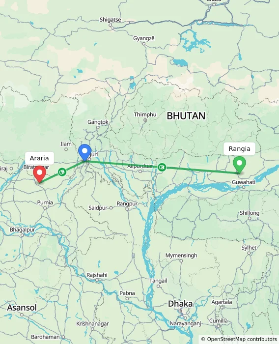 Route map showing distance and travel time from Rangia, India to Araria, India
