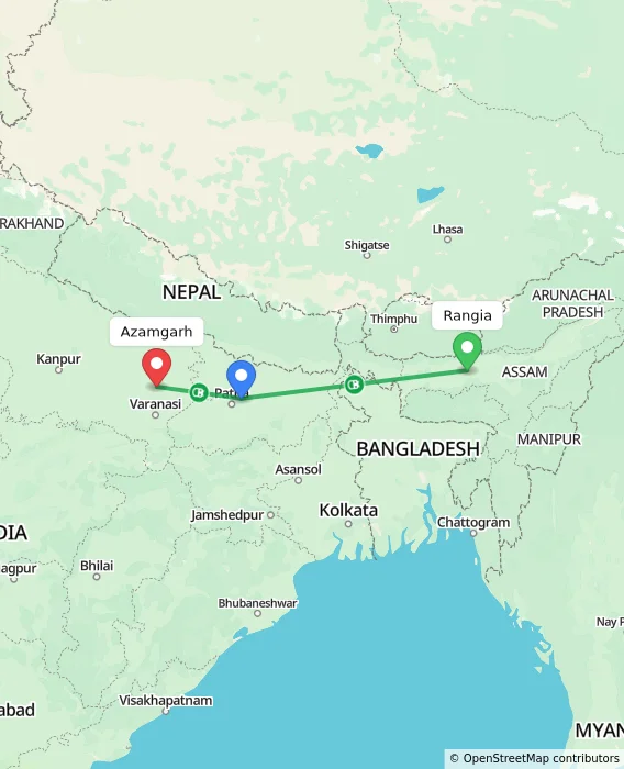 Route map showing distance and travel time from Rangia, India to Azamgarh, India