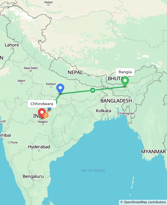 Route map showing distance and travel time from Rangia, India to Chhindwara, India