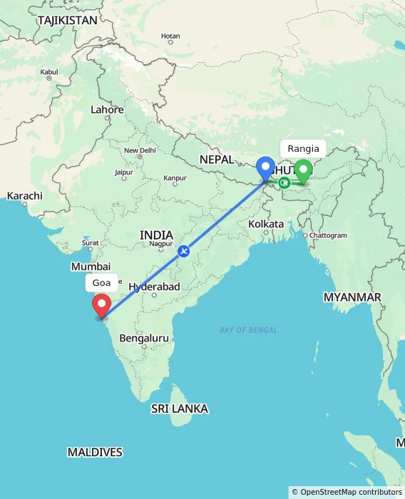 Route map showing distance and travel time from Rangia, India to Goa, India
