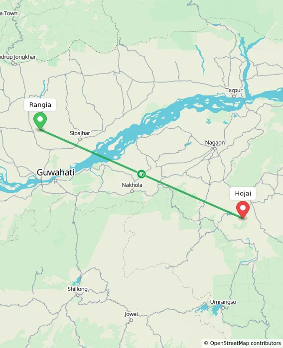 Route map showing distance and travel time from Rangia, India to Hojai, India