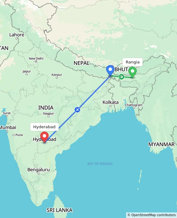 Route map showing distance and travel time from Rangia, India to Hyderabad, India