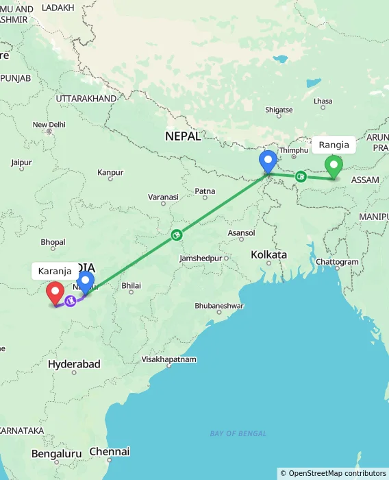 Route map showing distance and travel time from Rangia, India to Karanja, India