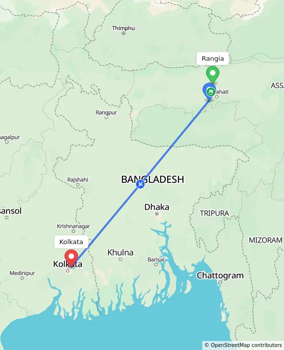 Route map showing distance and travel time from Rangia, India to Kolkata, India
