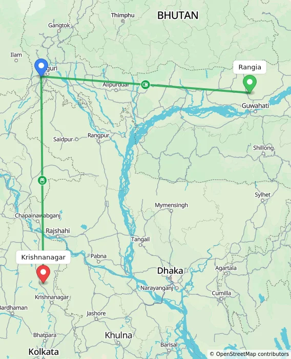 Route map showing distance and travel time from Rangia, India to Krishnanagar, India