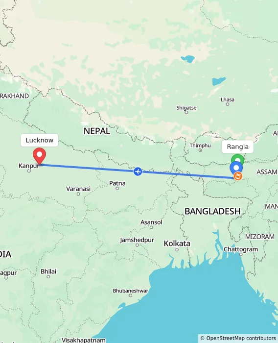 Route map showing distance and travel time from Rangia, India to Lucknow, India