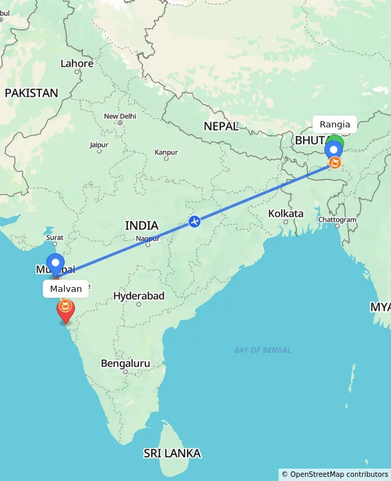 Route map showing distance and travel time from Rangia, India to Malvan, India