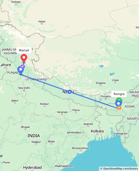 Route map showing distance and travel time from Rangia, India to Manali, India