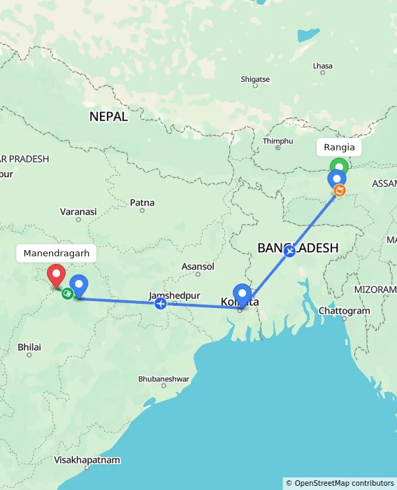 Route map showing distance and travel time from Rangia, India to Manendragarh, India