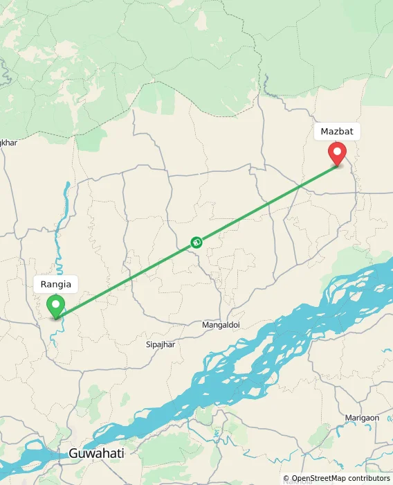 Route map showing distance and travel time from Rangia, India to Mazbat, India