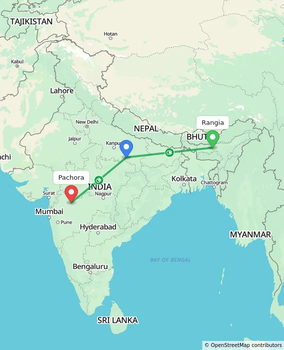 Route map showing distance and travel time from Rangia, India to Pachora, India