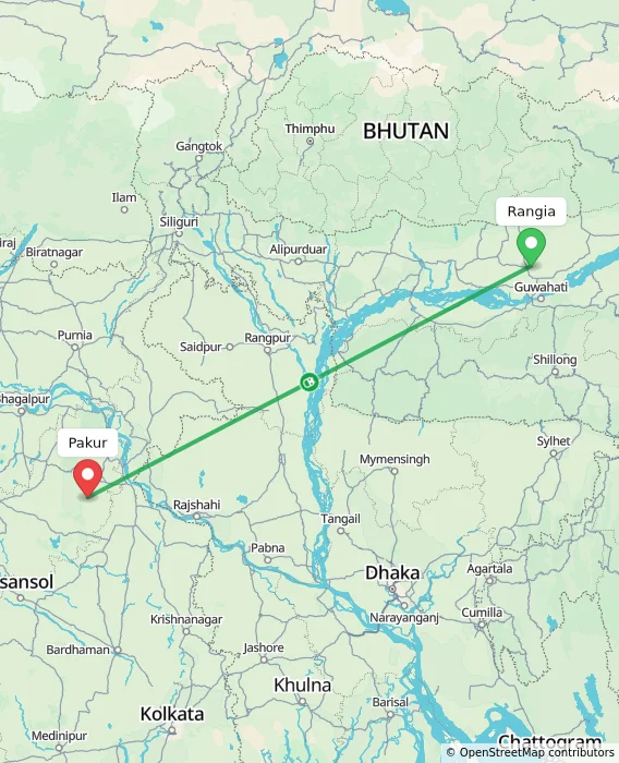 Route map showing distance and travel time from Rangia, India to Pakur, India