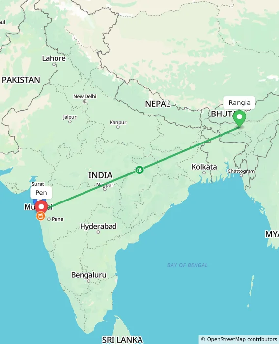 Route map showing distance and travel time from Rangia, India to Pen, India
