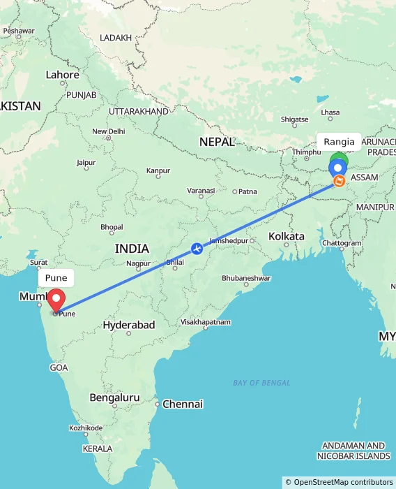 Route map showing distance and travel time from Rangia, India to Pune, India