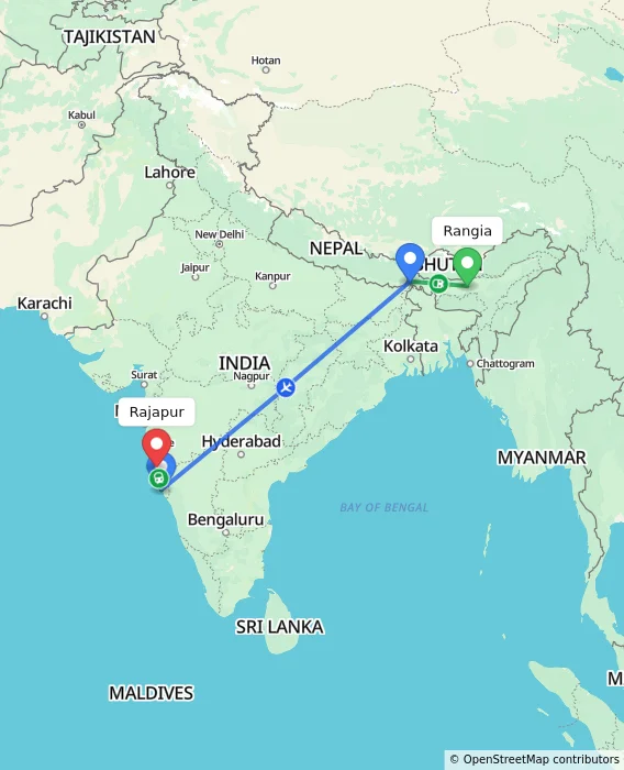 Route map showing distance and travel time from Rangia, India to Rajapur, India