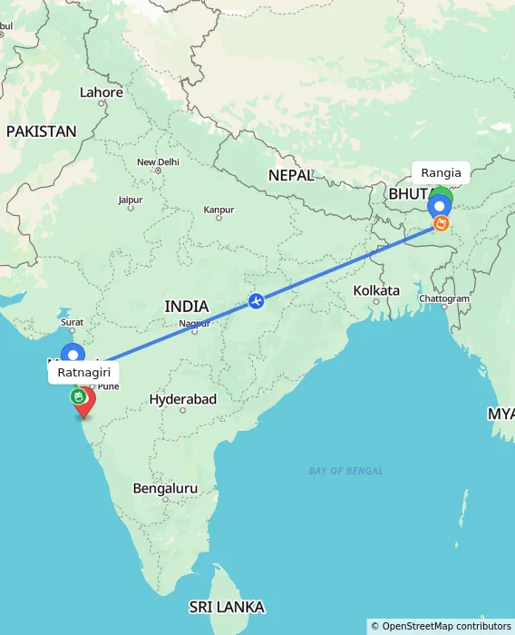 Route map showing distance and travel time from Rangia, India to Ratnagiri, India