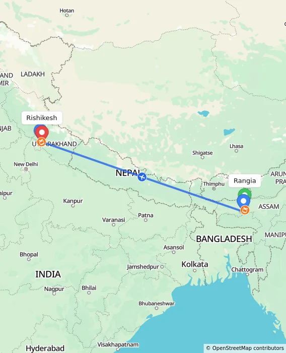 Route map showing distance and travel time from Rangia, India to Rishikesh, India