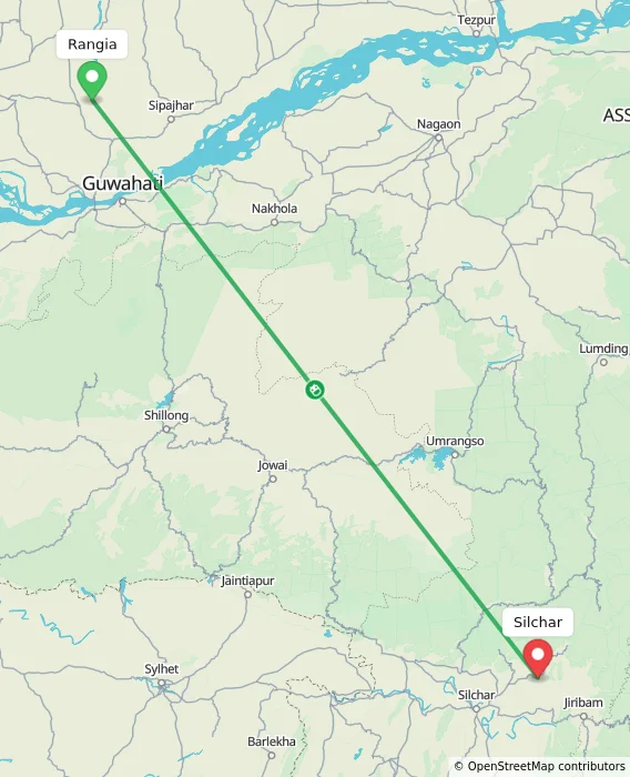 Route map showing distance and travel time from Rangia, India to Silchar, India
