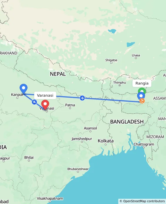 Route map showing distance and travel time from Rangia, India to Varanasi, India