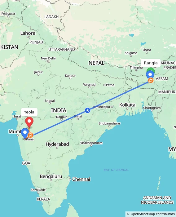Route map showing distance and travel time from Rangia, India to Yeola, India