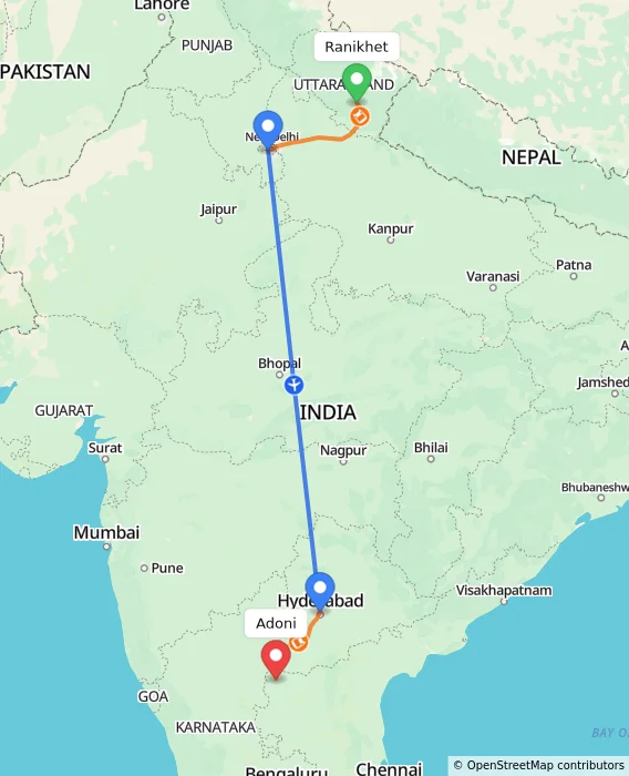 Route map showing distance and travel time from Ranikhet, India to Adoni, India