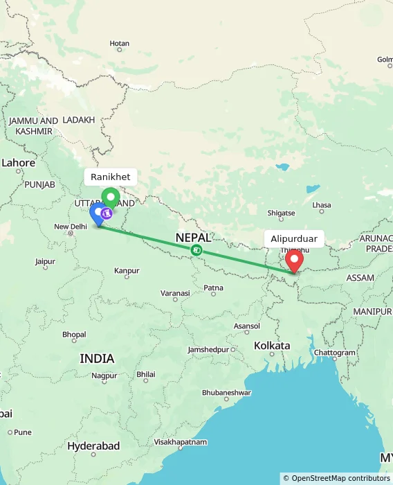Route map showing distance and travel time from Ranikhet, India to Alipurduar, India