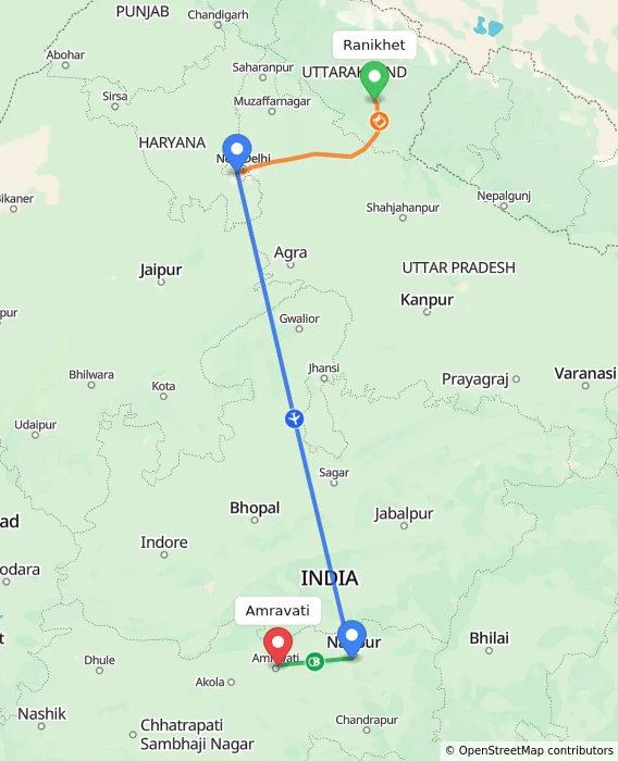 Route map showing distance and travel time from Ranikhet, India to Amravati, India