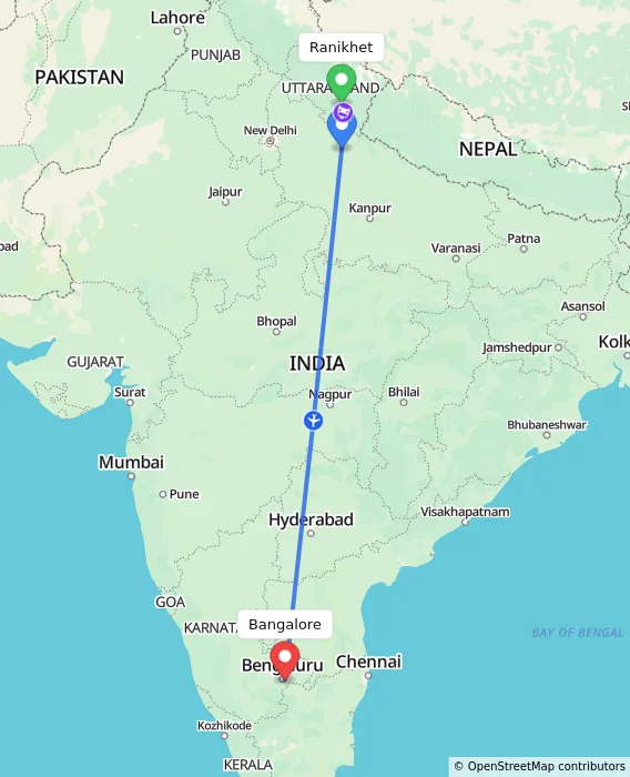 Route map showing distance and travel time from Ranikhet, India to Bangalore, India
