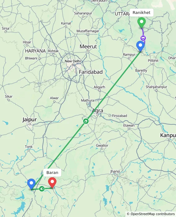 Route map showing distance and travel time from Ranikhet, India to Baran, India