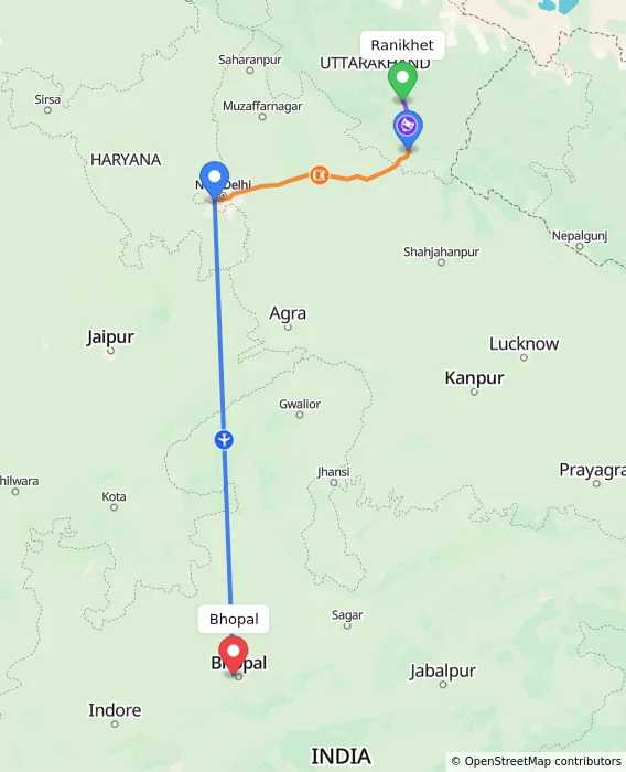 Route map showing distance and travel time from Ranikhet, India to Bhopal, India