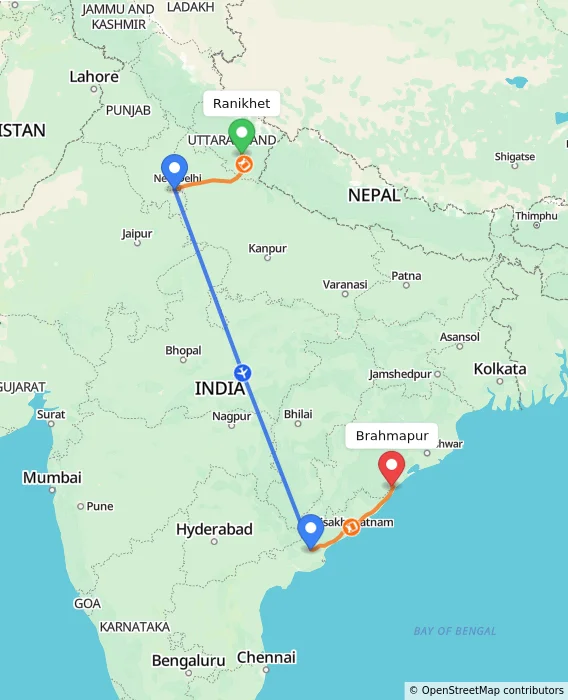 Route map showing distance and travel time from Ranikhet, India to Brahmapur, India