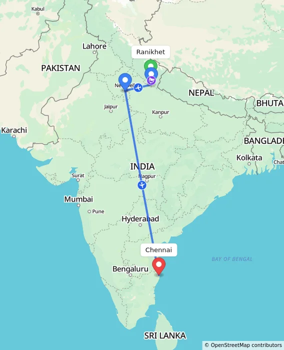 Route map showing distance and travel time from Ranikhet, India to Chennai, India
