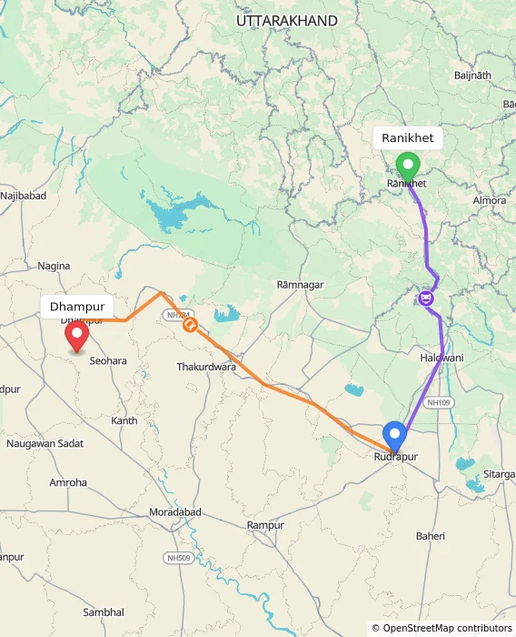 Route map showing distance and travel time from Ranikhet, India to Dhampur, India