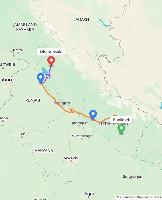 Route map showing distance and travel time from Ranikhet, India to Dharamsala, India