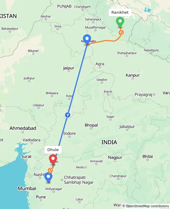 Route map showing distance and travel time from Ranikhet, India to Dhule, India