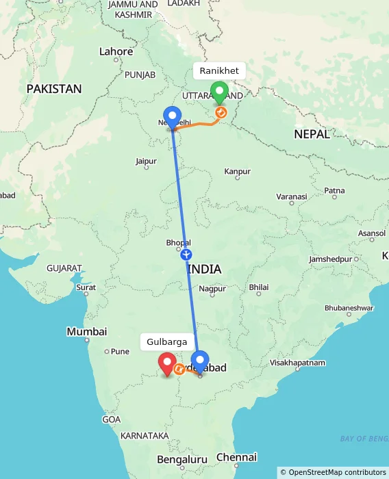Route map showing distance and travel time from Ranikhet, India to Gulbarga, India