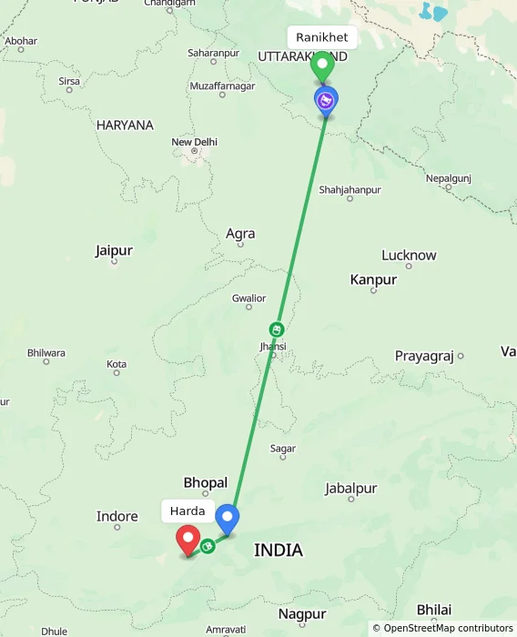 Route map showing distance and travel time from Ranikhet, India to Harda, India