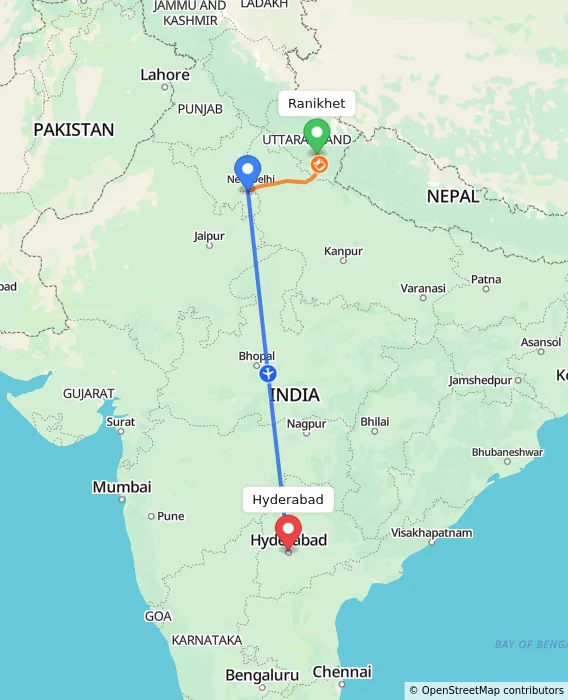 Route map showing distance and travel time from Ranikhet, India to Hyderabad, India