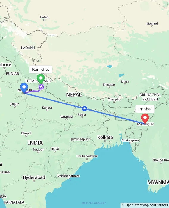 Route map showing distance and travel time from Ranikhet, India to Imphal, India