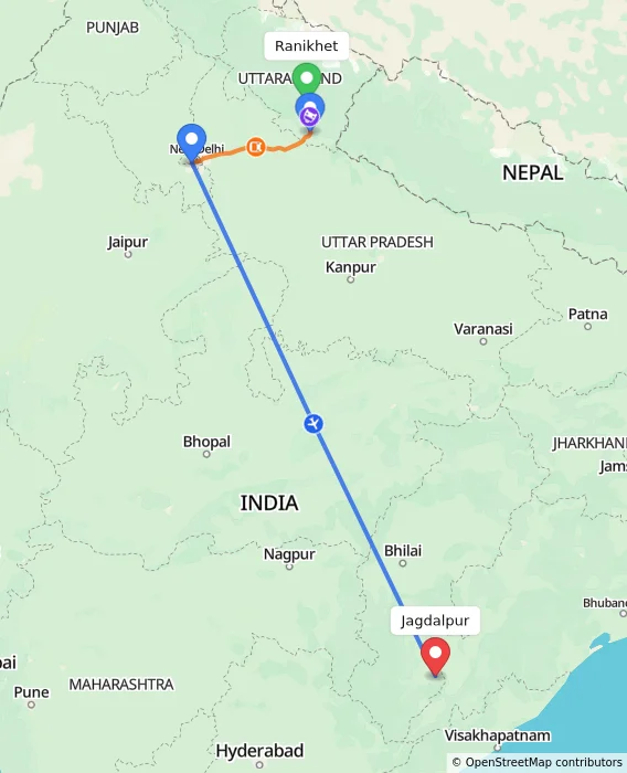 Route map showing distance and travel time from Ranikhet, India to Jagdalpur, India