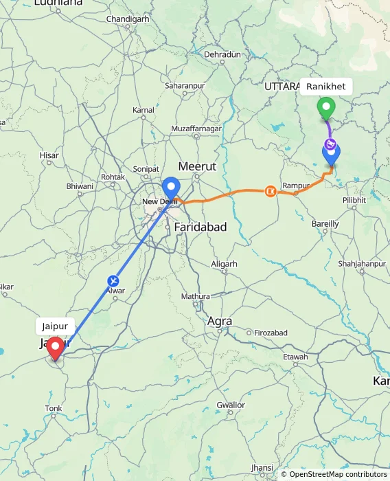 Route map showing distance and travel time from Ranikhet, India to Jaipur, India