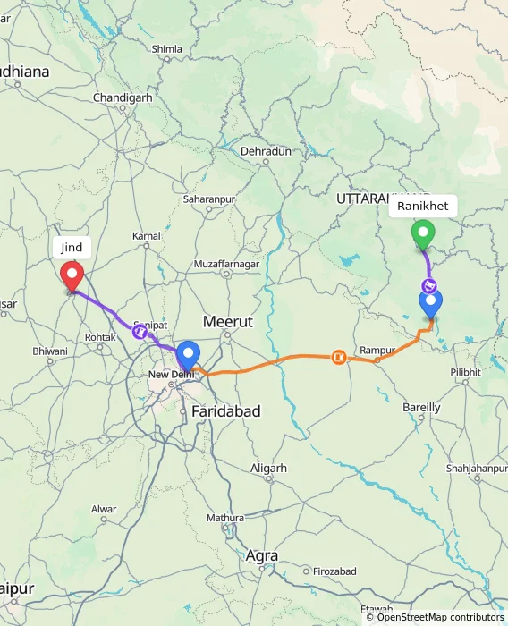 Route map showing distance and travel time from Ranikhet, India to Jind, India