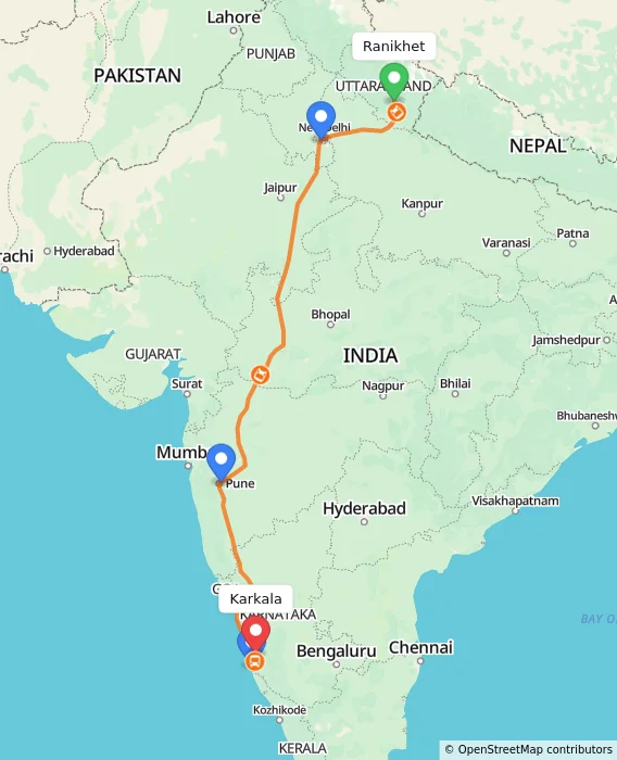 Route map showing distance and travel time from Ranikhet, India to Karkala, India