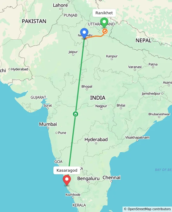 Route map showing distance and travel time from Ranikhet, India to Kasaragod, India