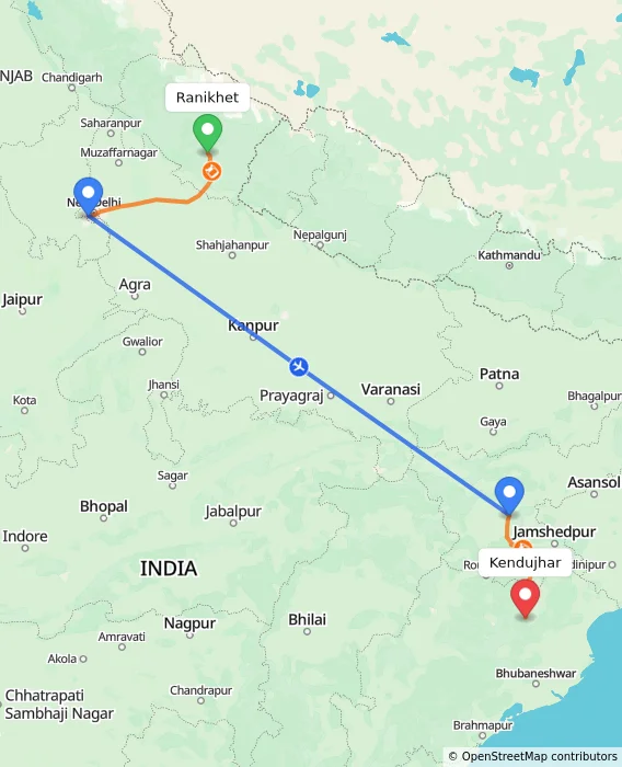 Route map showing distance and travel time from Ranikhet, India to Kendujhar, India