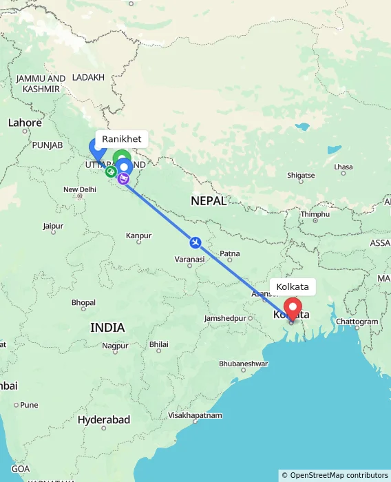 Route map showing distance and travel time from Ranikhet, India to Kolkata, India