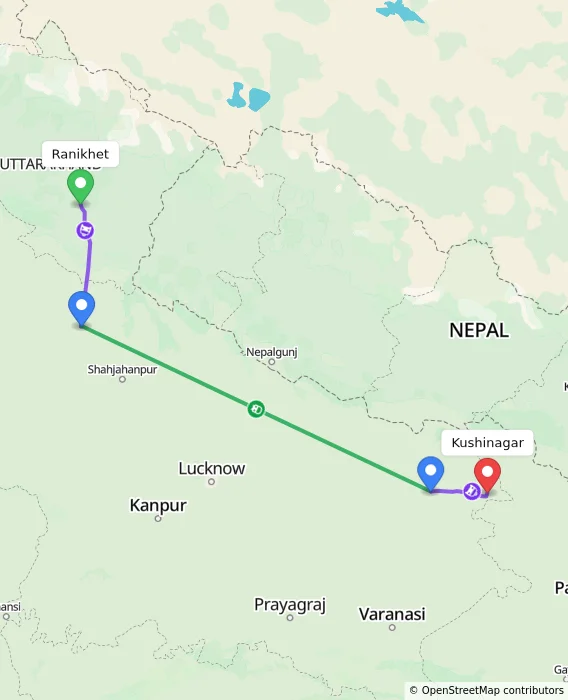 Route map showing distance and travel time from Ranikhet, India to Kushinagar, India