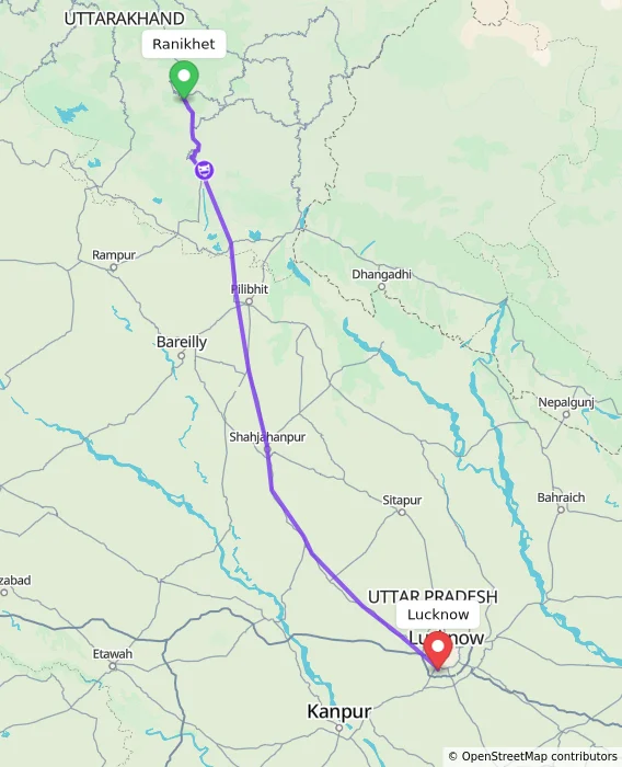 Route map showing distance and travel time from Ranikhet, India to Lucknow, India
